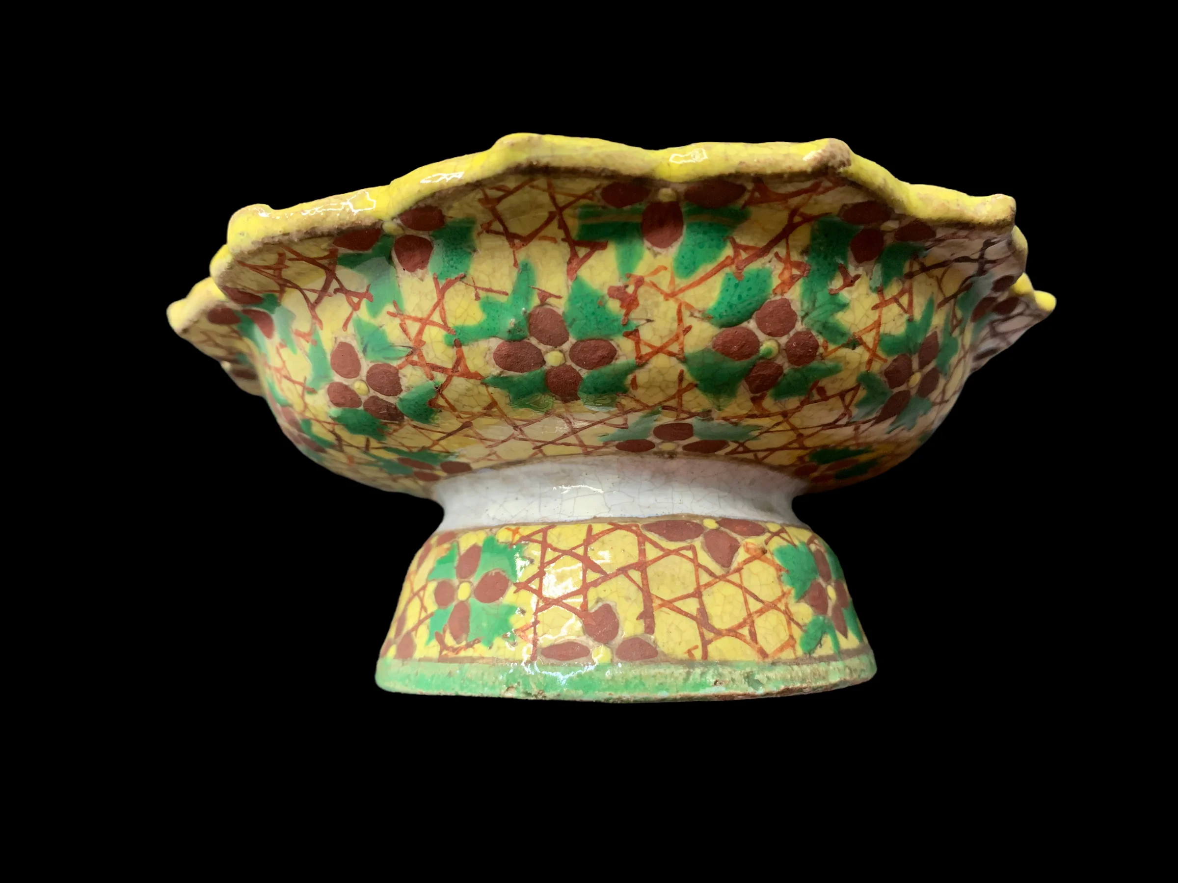 Antique Benjarong Ceramic Stem Dish Painted With Floral Design in Lotus  Petal On A Yellow Ground for Collectible