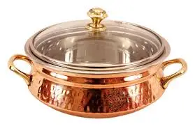 2024 Top Premium Quality Seller Indian Traditional Serveware  Hammered Copper Stainless Steel Serving Handi with Glass Lid Cover
