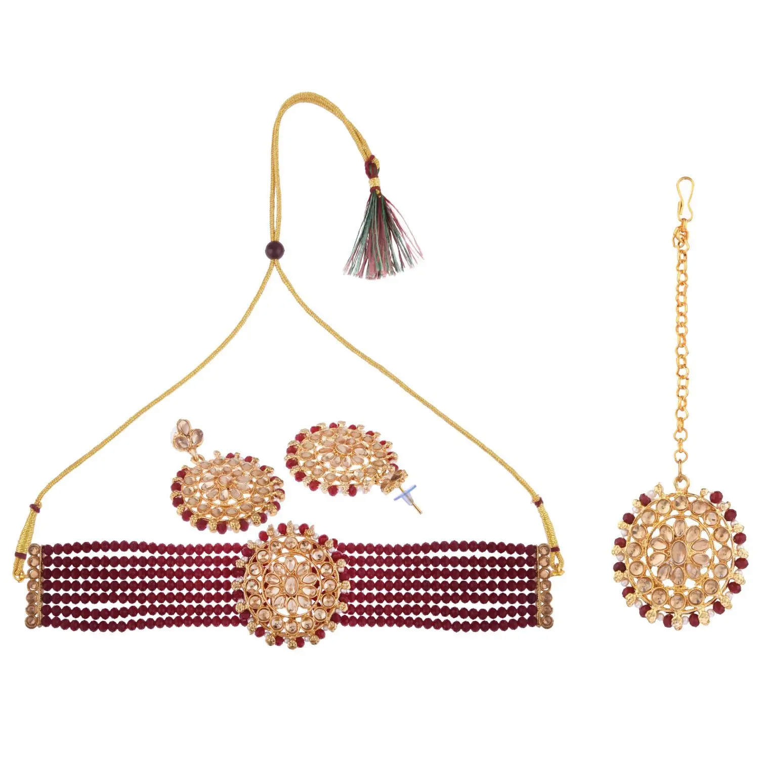 Indian Bridal Choker Necklace Faux Pearl Beaded Crystal Kundan Necklace Earrings Mang Tikka Set, Maroon