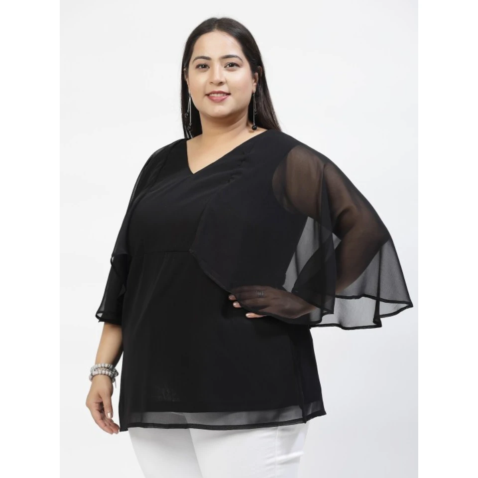 2024 NEW ARRIVAL CUSTOM BLACK PEPLUM TOP WITH CAPE SLEEVES ELEGANT CASUAL CLASSIC WOMEN TOP FOR SUMMER