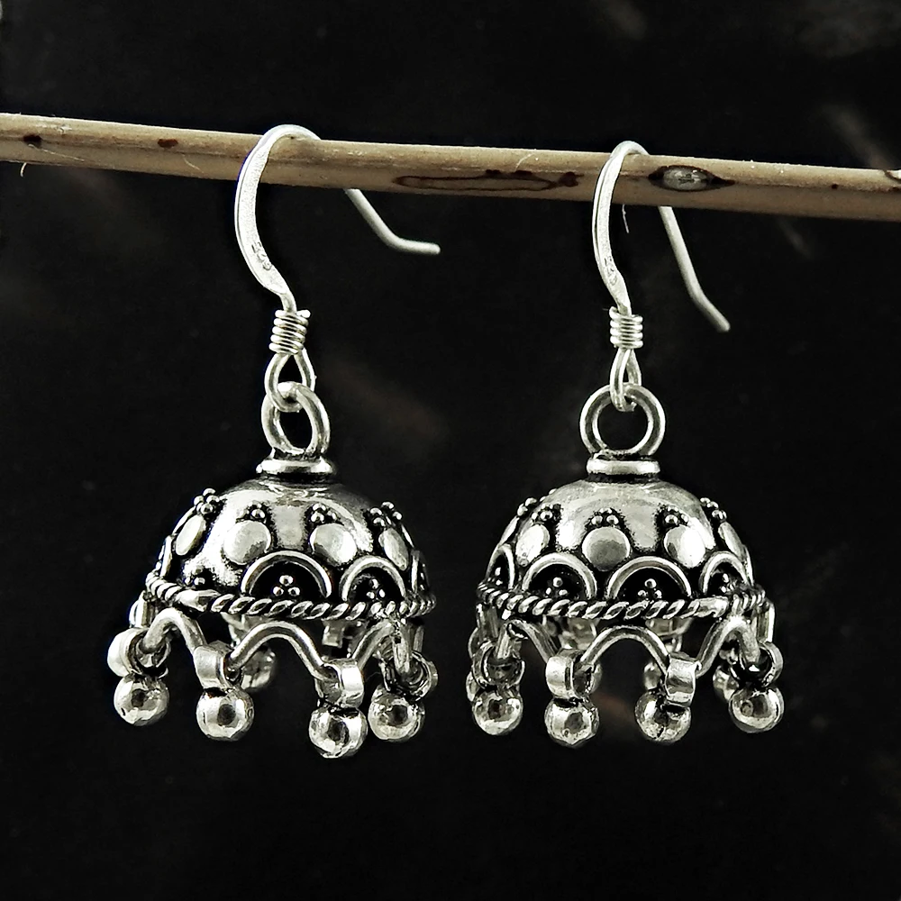 Indian Artisan Handicraft Jewelry 925 Sterling Oxidized Silver Dangle Handmade Jhumka Earrings For Woman Girls Bulk Manufacturer