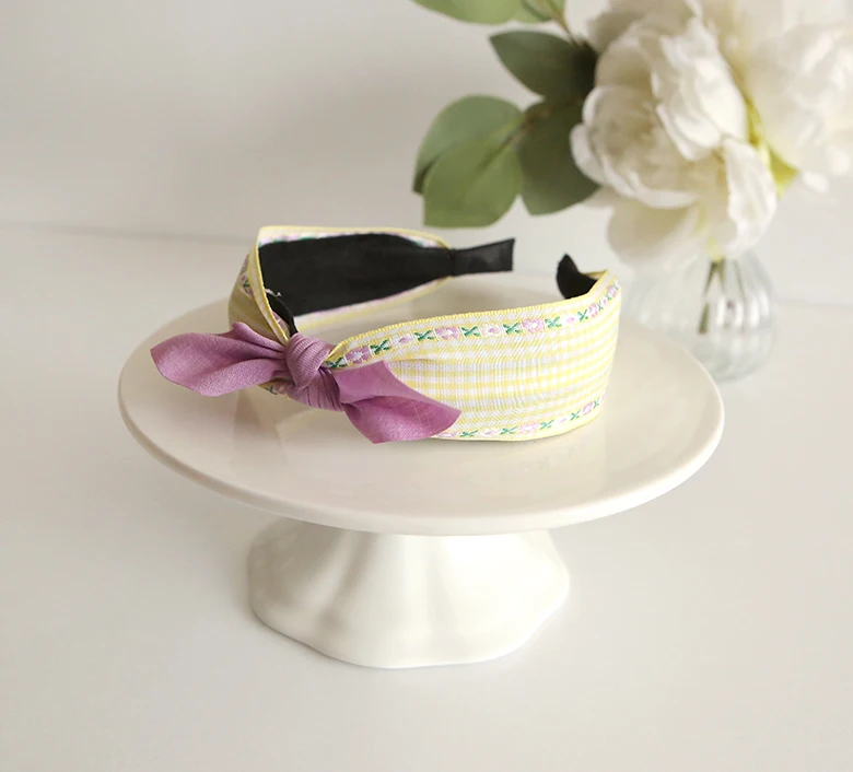 Girls Cute checkered pattern embroidered ribbon headband Korea fashion hair accessory