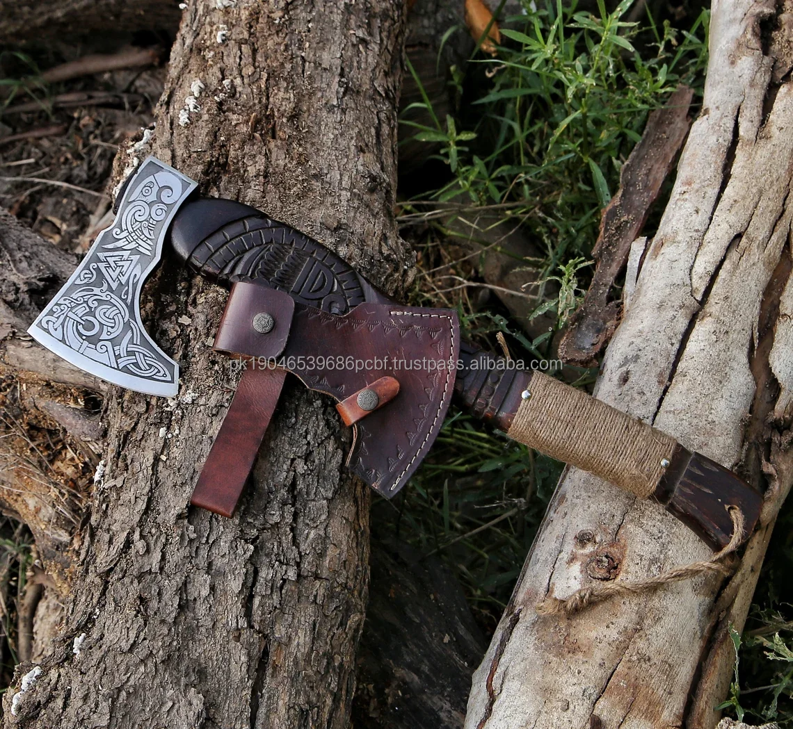 Custom Forged Carbon Steel Bearded Viking Axe Reven Hatchet Hand Engraved Wood Handle Outdoor AX Leather Sheath Adze Camping