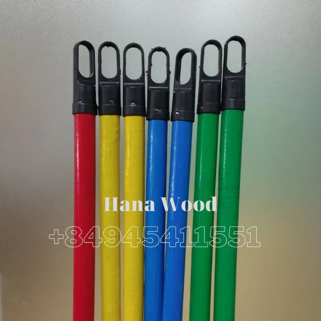 Wholesale Vietnam colorful coated wooden broom stick 120cm length colored PVC pipe, manufacturer plastic mop stick handle