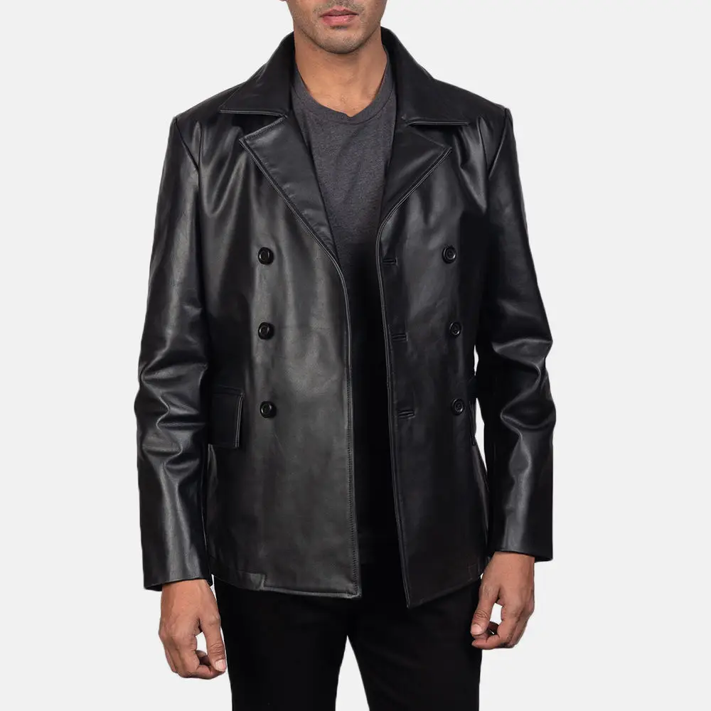 Men 2024 Customized High Quality Long Coat Winter Wear Black Lambskin Leather Jacket for Good Quality Leather Coat