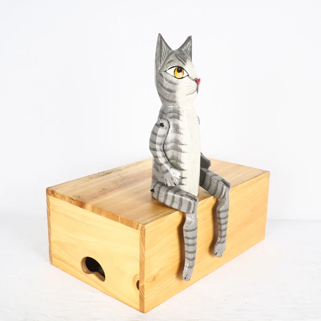 Wholesale High Quality Cat Wooden Figurine Home Decoration, Wooden Cat Character Painted Hand Carving