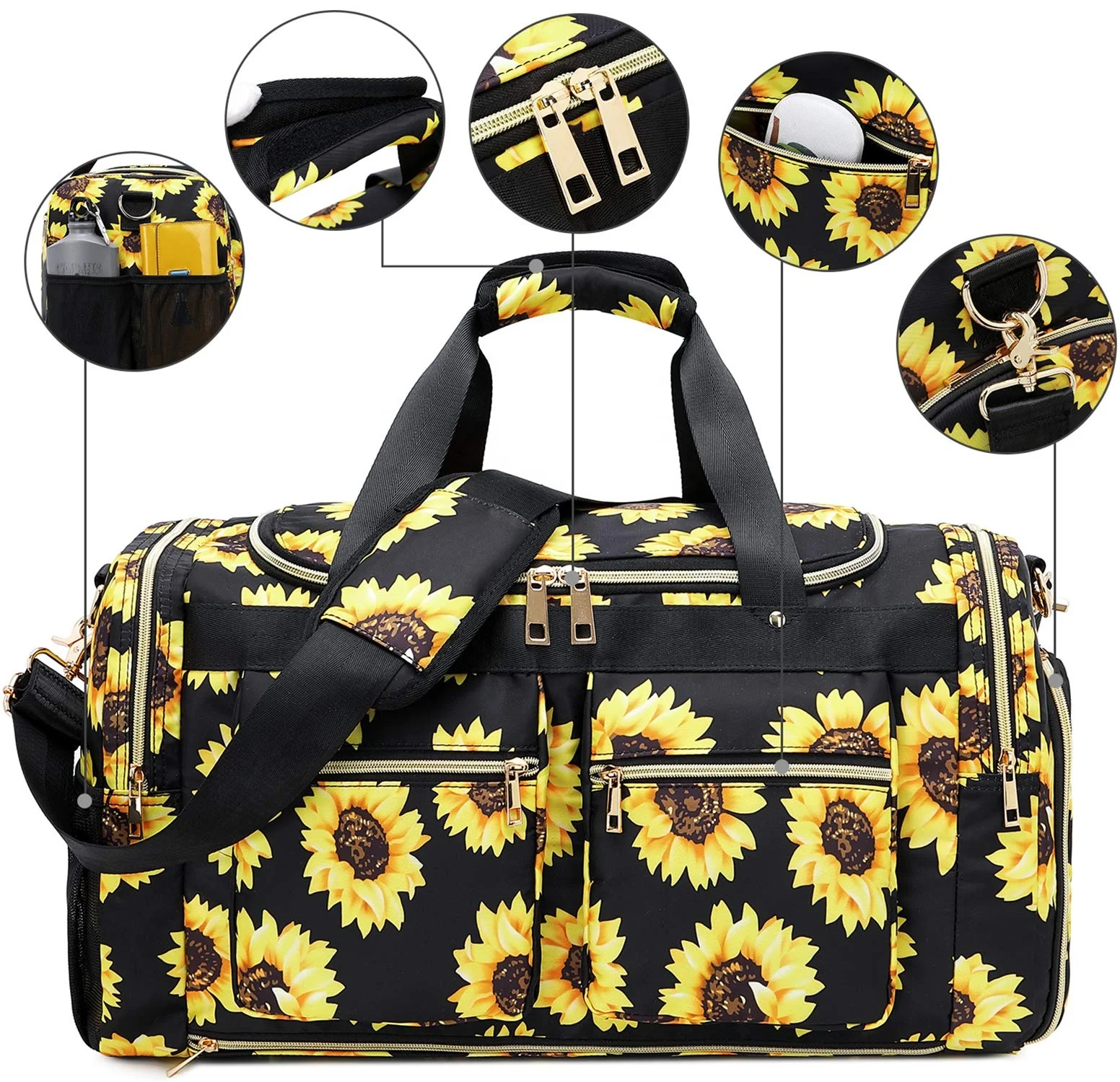 Weekender Overnight Duffel Bag Shoe Pocket for Women Men Weekend Travel Tote Carry On Bag (Sunflower Black) Travel Bag