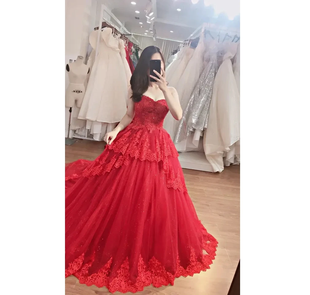 High Quality wedding dress wholesale ball gown off-shouder flowers lace beads add beading red color  TNBP50