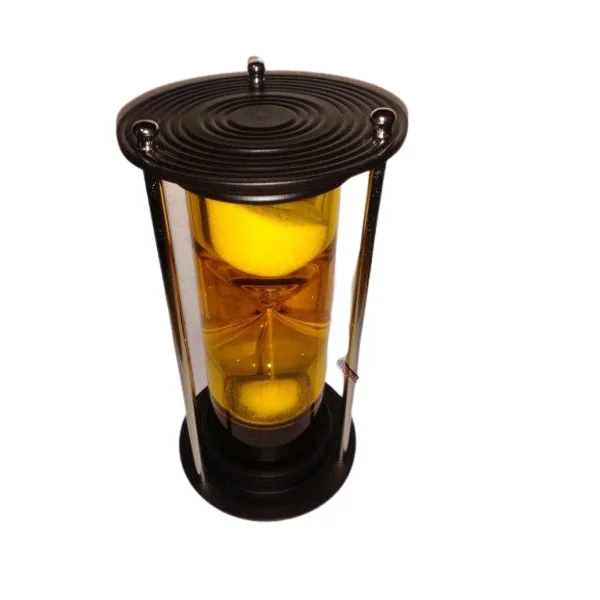 Metal & Glass Sand Timer With Antique Gold Plating Finishing Round Shape With Wheel Design Base For Measuring The Time