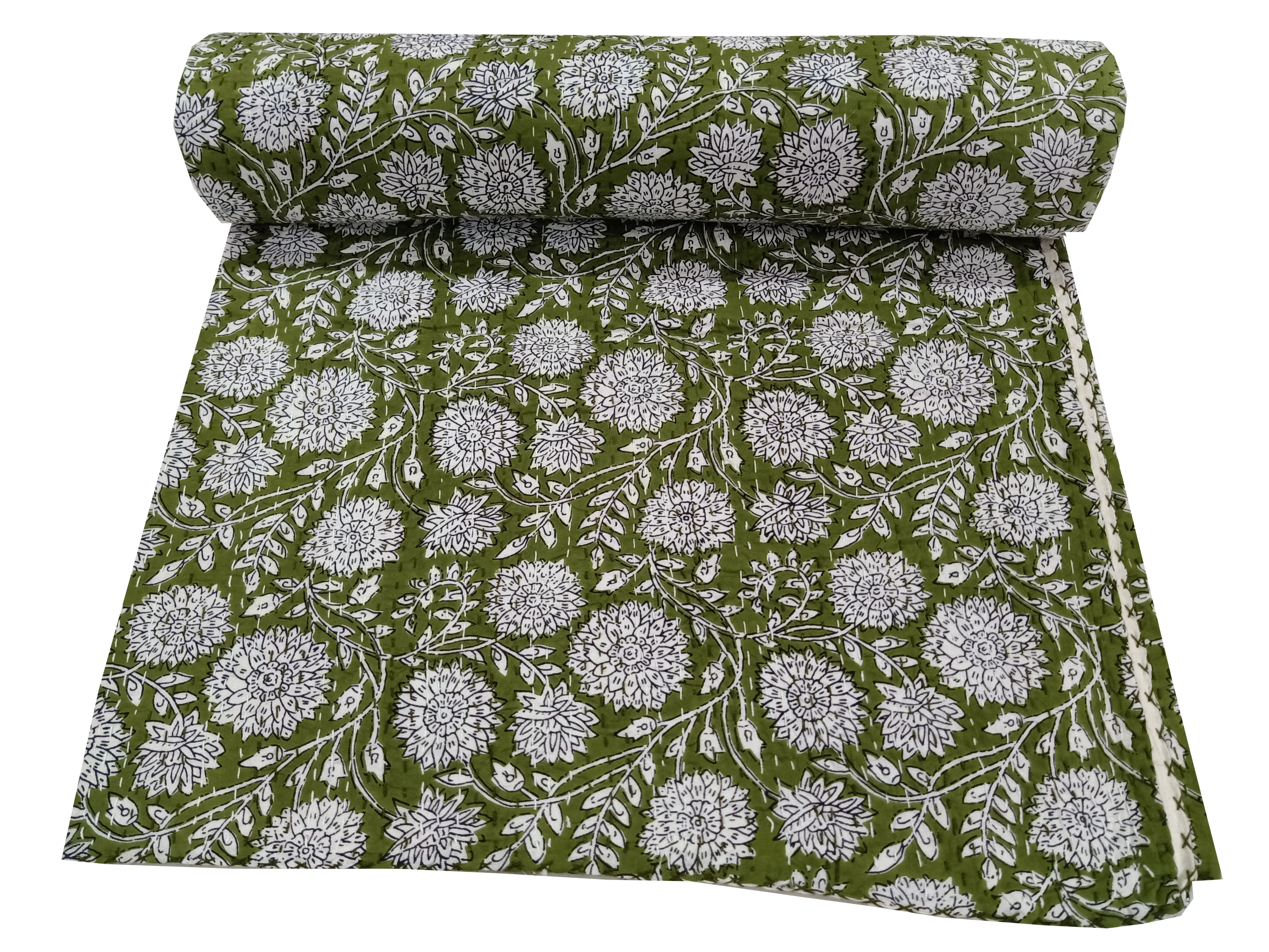 Ethnic Indian Floral Print 100% Cotton Comforter Custom Made Various Sizes Designs Green Color Print Sheets-King Size Home Use