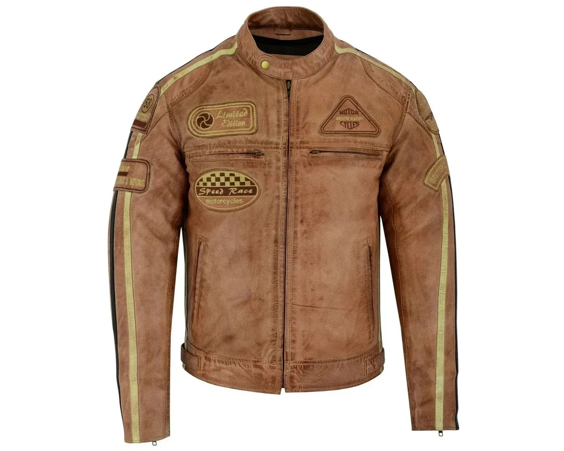 Custom Vintage Tan Brown Waxed Leather Motorcycle Jacket - Casual Style with CE Protection Ideal Gift for Men