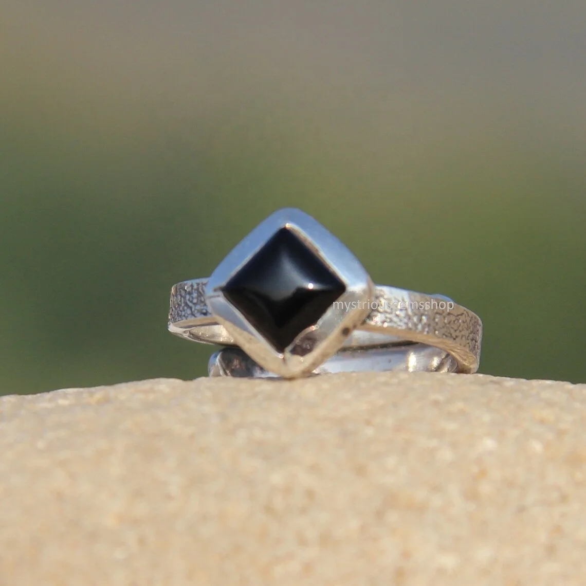 Solid 925 Sterling Silver Adjustable Ring Black Onyx Cabochon Ring Square Shape Gemstone Handmade Ring For Gift