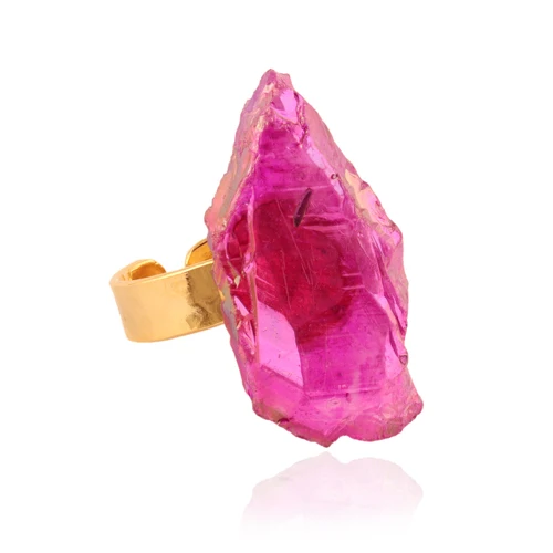 24K Gold Plated Bohemian Antique Pink Quartz Band Ring Adjustable Fine Gemstone Statement Ring for Party Gift for Women