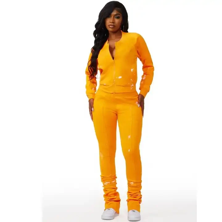 Wholesale Women Streetwear Clothing Women Stacked Pants 2 Piece Sets Blank Flare Sweatsuit Set Custom Flared Pants Tracksuit Set
