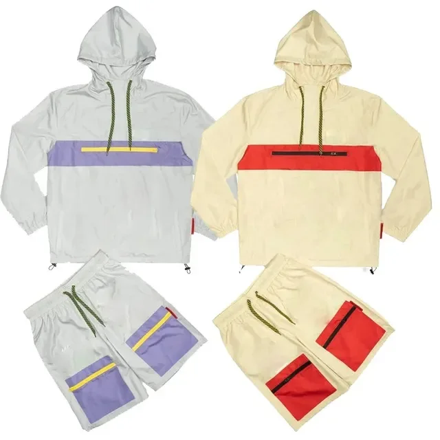 New Men Two Piece Custom Windbreaker Shorts And Jacket Tracksuit Reflective Zip Up Nylon Two Piece Windbreaker Short Set
