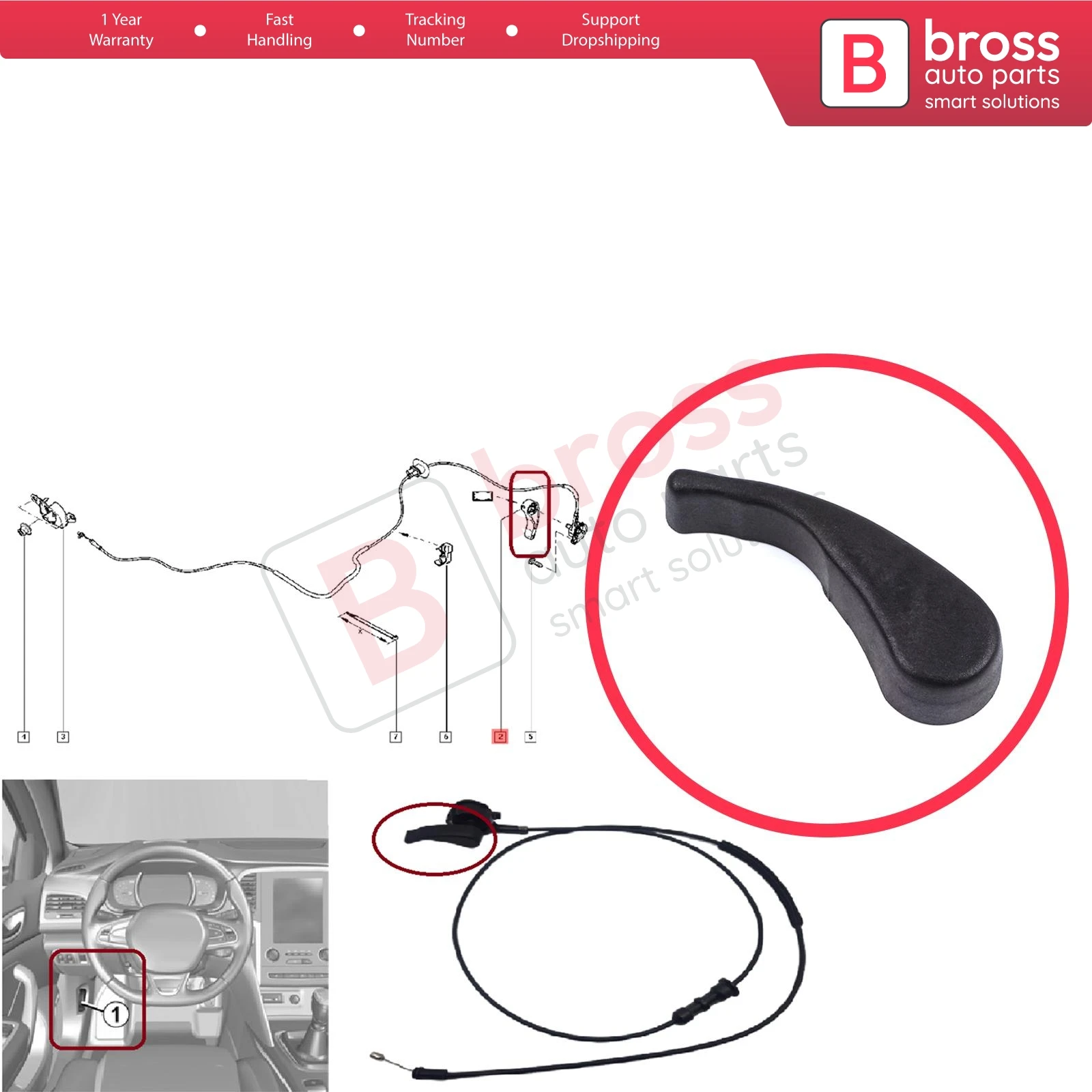 BSP1170  Bonnet Lock Catch Release Inner Handle for Renault Dacia Vauxhall Opel Lada 8200274233
