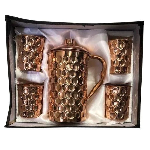Jug Pitcher with 4 Glass Tumbler Handicrafts Pure Copper Water Jug/Pitcher/Utensil 1500 ml Luxury Design Embossed Newly Modern