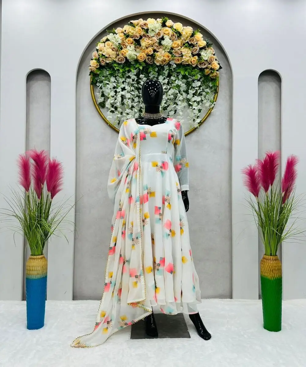 Fashionable georgette embroidery coding sequence thread work wholesale price ethnic garment textile store wholesale market