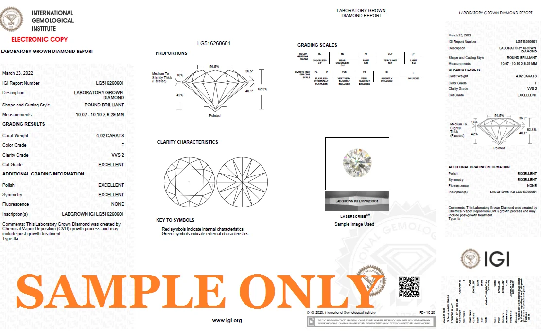 Lab Grown Diamond Synthetic Lab Grown 4 Carats HPHT CVD White Loose Polished Diamond IGI Certified Round Shape Diamond