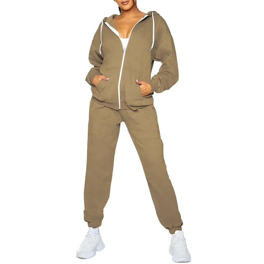 custom slim women sweatsuit set tracksuit two piece zip up fall jogging hoodie Cotton joggers pants two piece pants set