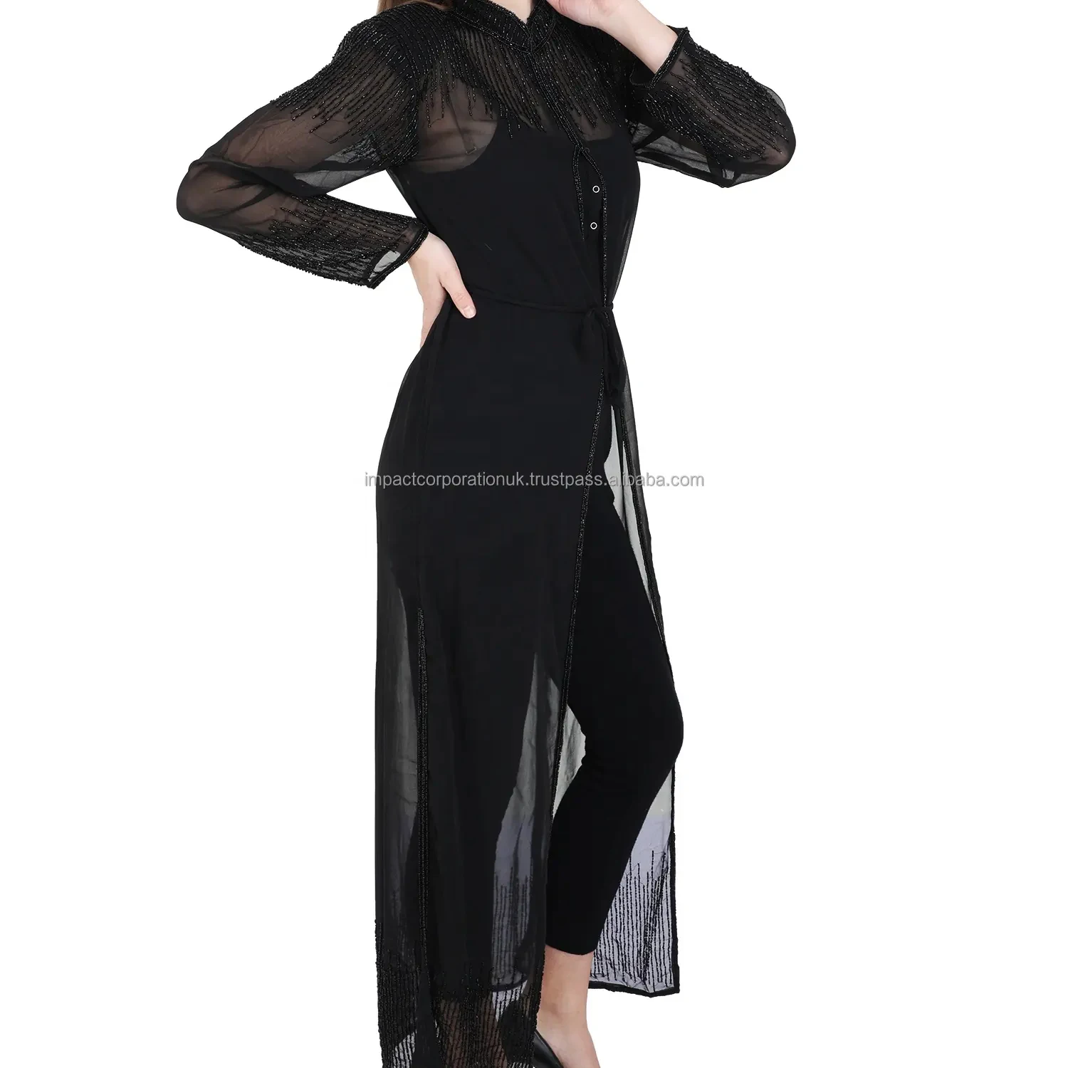 Supper Luxurious Ladies Floral Line Satin Cover Sexy Style Cocktail Party Kaftan Coat Georgette Abaya Club Wear Floral Cardigan