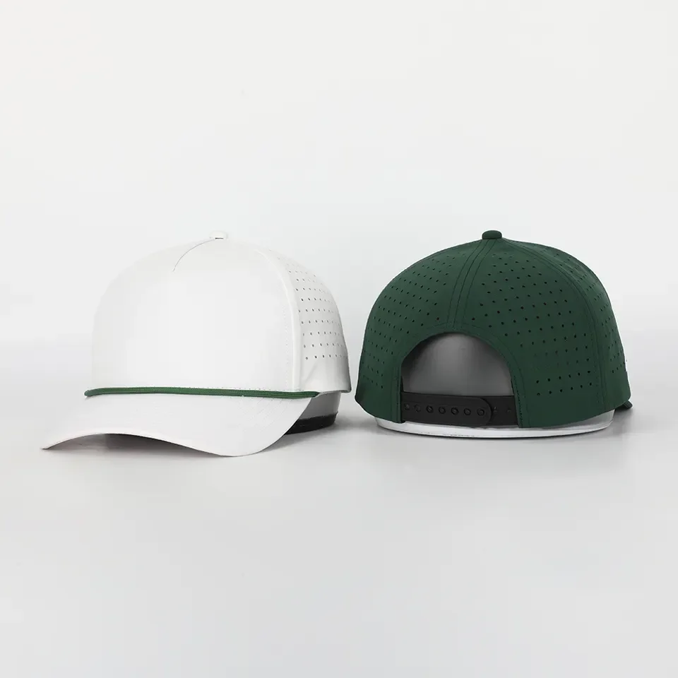 Custom Logo 5 Panel Plain Blank Golf Cap Cut Hole Perforated Classic Quick Dry Polyester Rope Hat