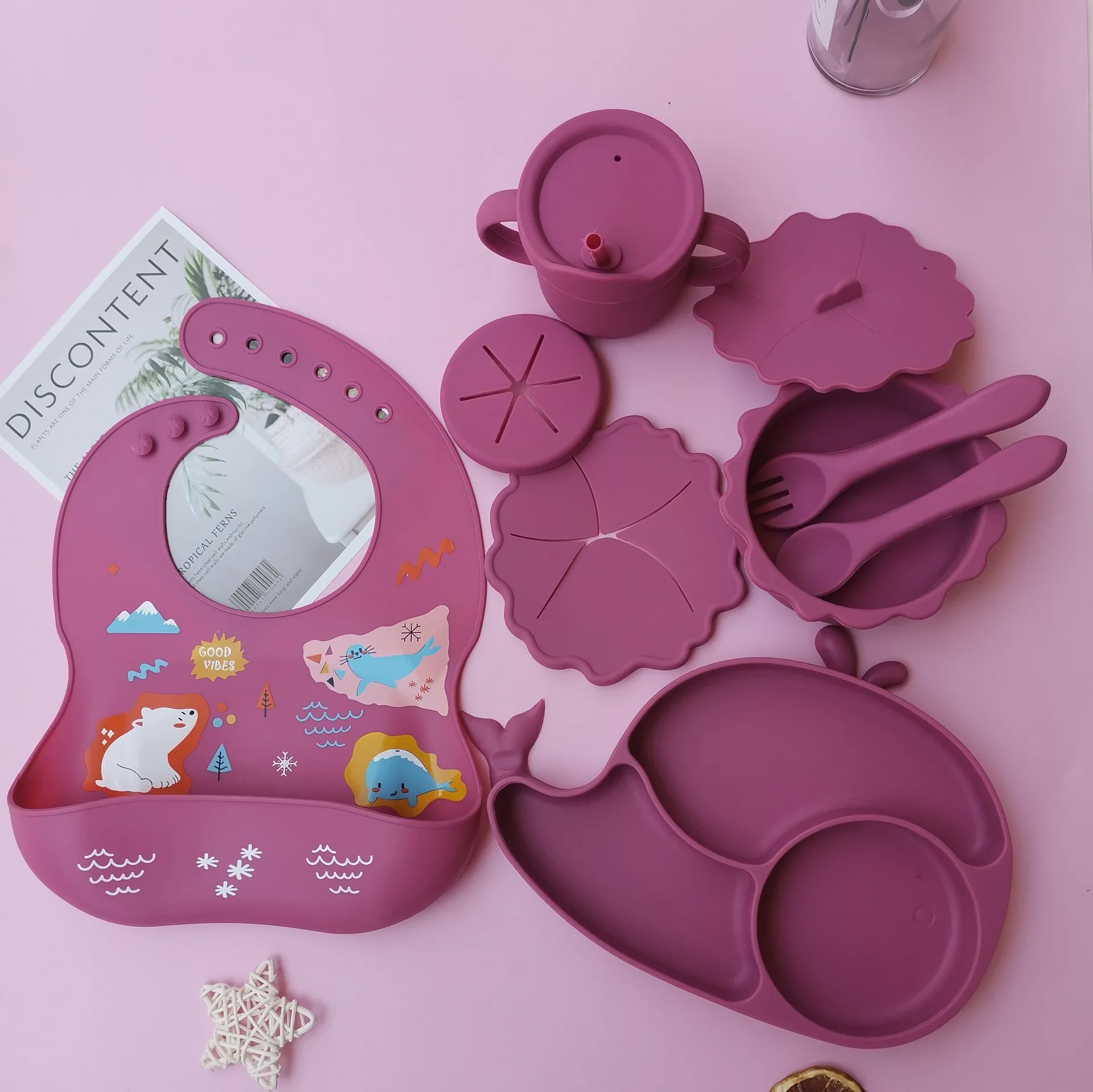 Silicone baby feeding sets Divided Suction dinner plate sets on chair Supplementary food plate sets bowl bibs spoon water cup