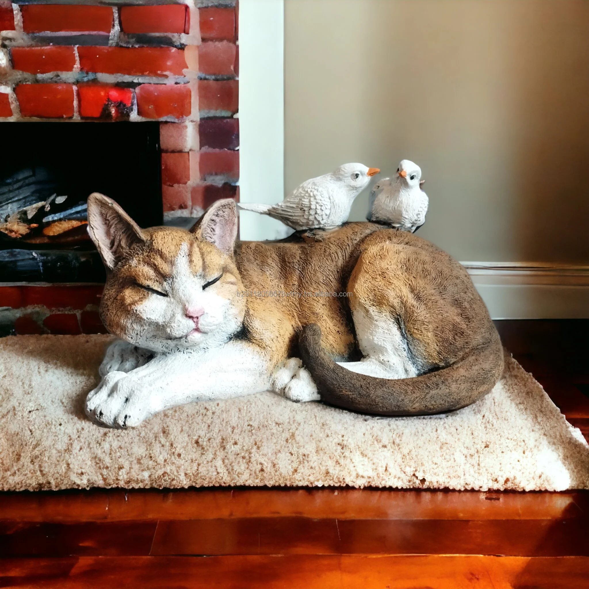 reclining Cat statue with a bird Animal Resin Sculptures Cute Figurine For Home Outdoor Garden Decoration Pet Ornaments Decor