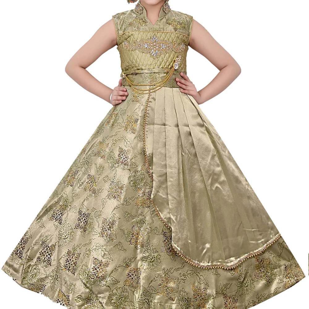 Best Quality Silk Satin Floral Print Long Maxi Gown Dress Girls 4-11 Years Sleeveless Party Spring Most Children Clothing