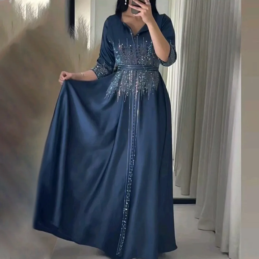 2442 Kuwii Middle Eastern Muslim Satindress Hot Diamond Dinner Robe Gulf Abaya Luxury Dubai Abaya 2024