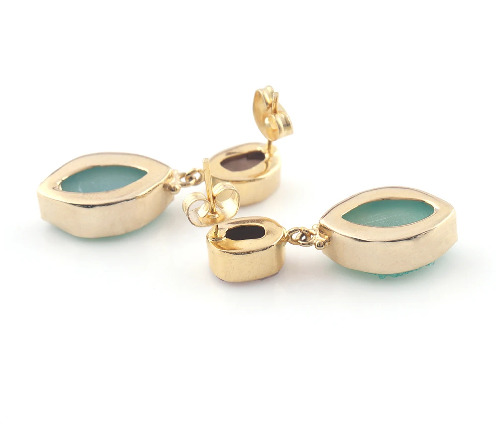 Custom two stone earrings real raw rose quartz with resign sugar druzy stud drops 18k gold plated women jewelry studded earrings