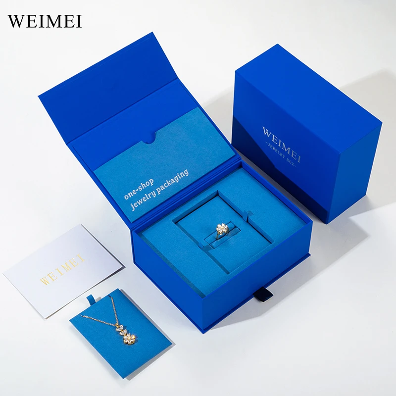 WEIMEI FSC Blue high-end jewelry packaging set box paper ring jewelry box cardboard microfiber necklace package box