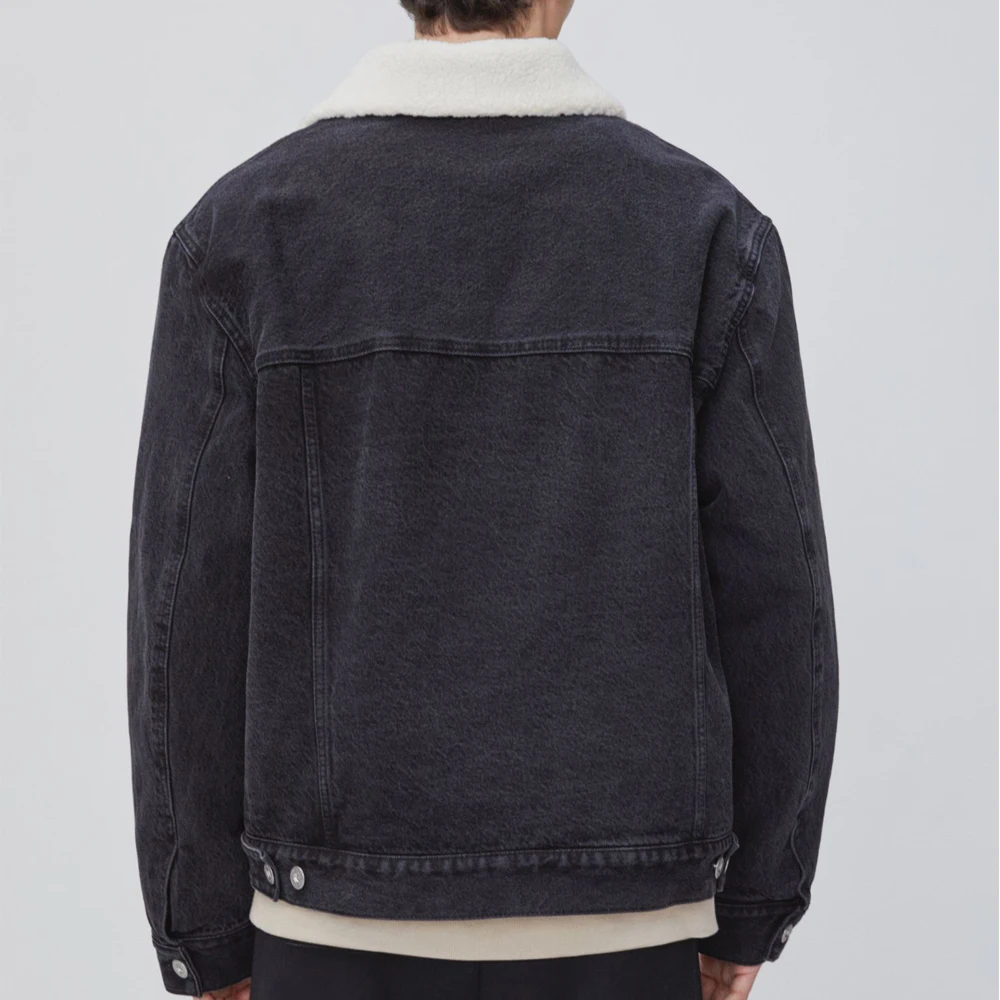 Lined Borg Collar Denim Jacket High Quality Black Cotton Jackets Customized Logo Long Sleeve Plus Size Coats for Man OEM