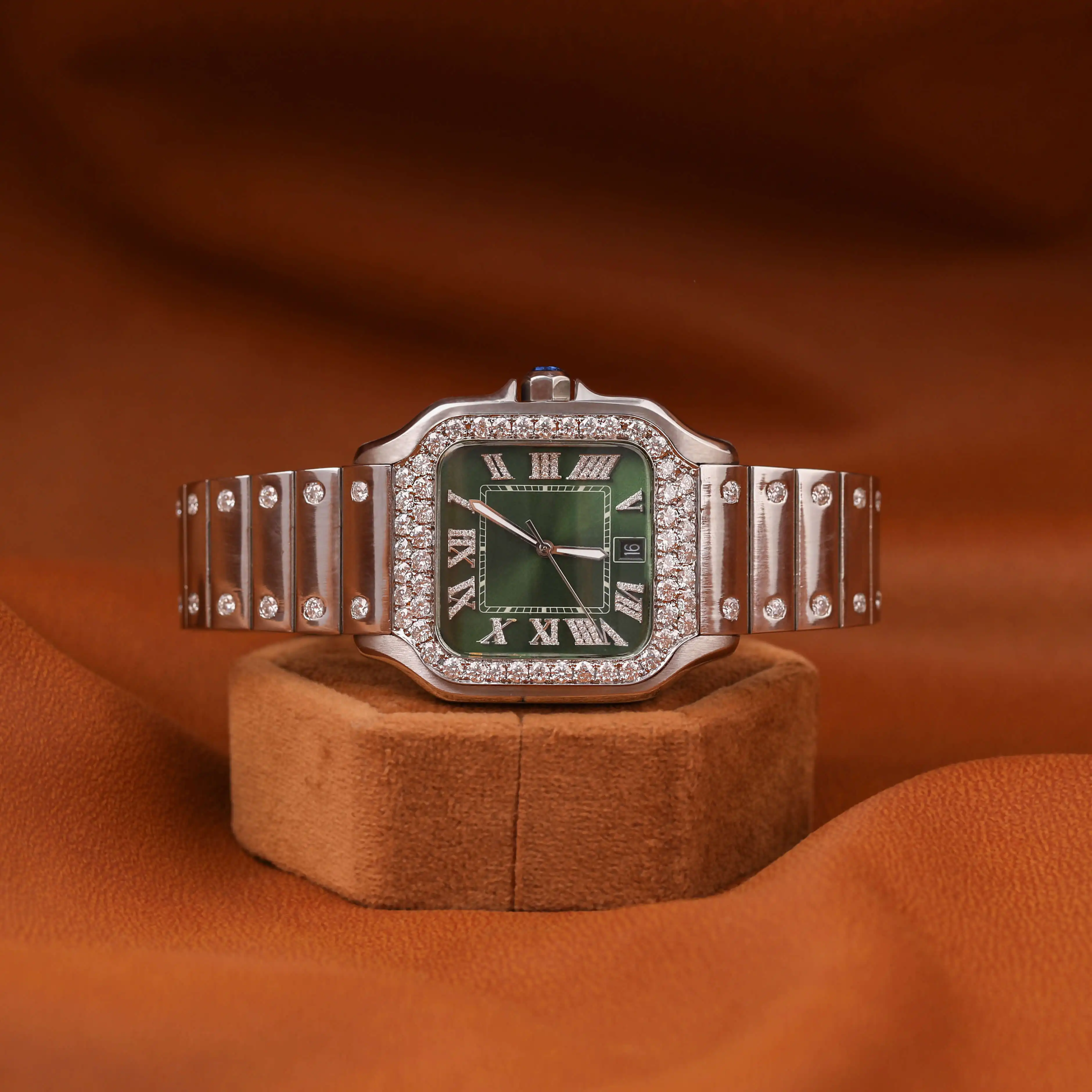 Stunning Green Fancy Dial Only Iced Out Round Moissanite Watch With Classic Date Dial And Roman Numerals Features Diamond Watch