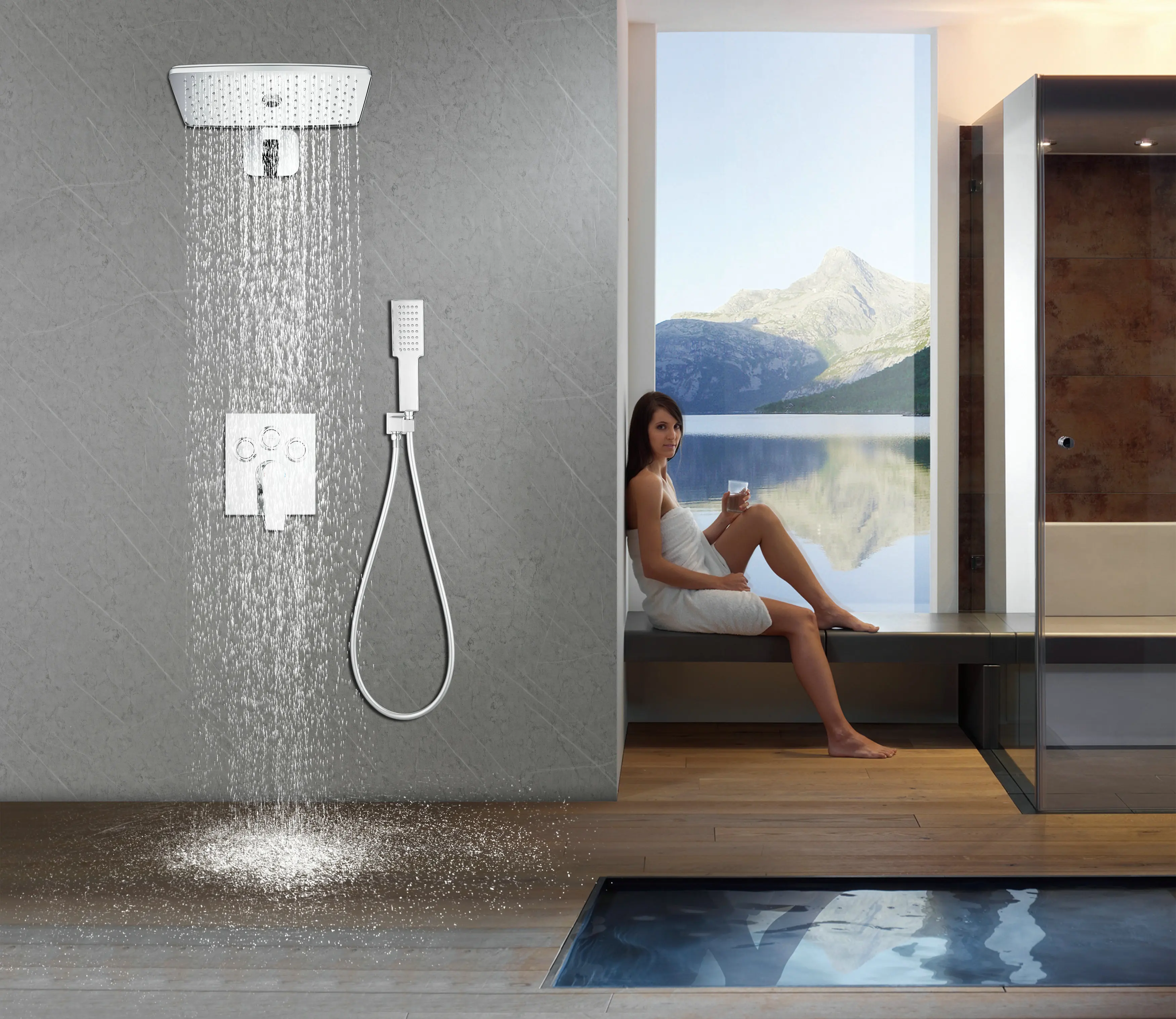 Bathroom Concealed Built-in 2-way Rainfall Shower Set Shower Head Square Stainless Steel Modern CN;GUA