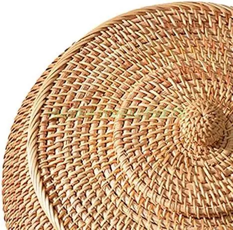 Round Rattan Boxes with Lid Hand-Woven Multi-Purpose Wicker Tray 8.5 Inch Picnic Food Bread Table Storage Basket