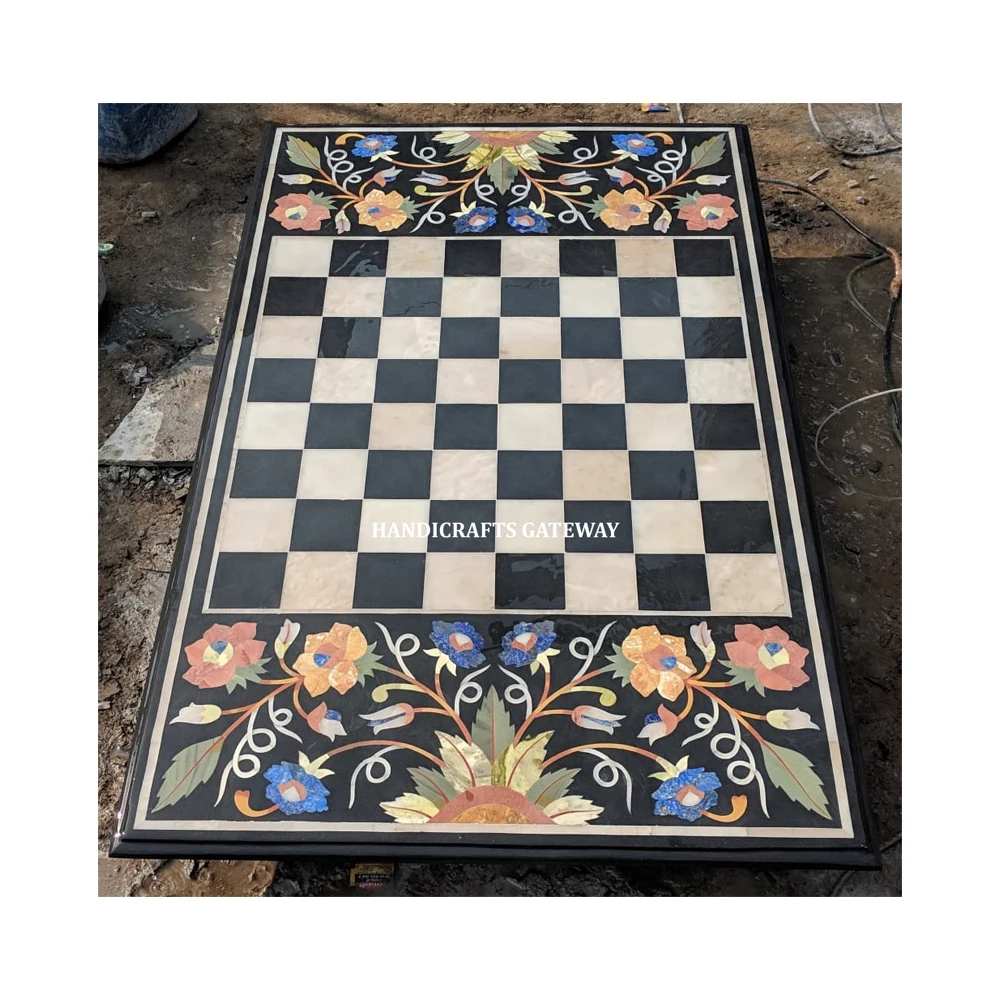 Antique Design No.1 Quality Handmade Beautiful Black Color Inlay Rectangular Chess Table Top Use for Having Dinner With Family