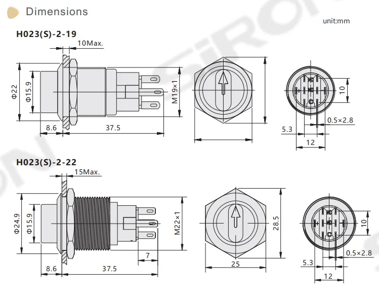 SiRON H023(S) metal buttons New style rotary 2 position 19mm 1ON 1NC select push button IP65 IK08 Rotary Switch