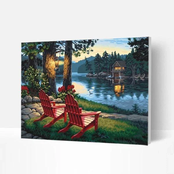 High Quality Handpainted Canvas Painting Wall Decorative Art DIY Painting by Numbers-Red Chair by the Lake
