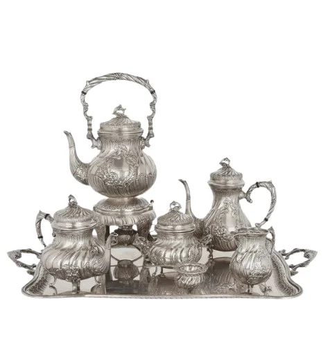 Silver Ottoman Trim Wedding Gift Kitchen Tabletop Teapot Serving Tea Wooden Handle Metal Turkish Coffee Pot Set Turkish Tea Set