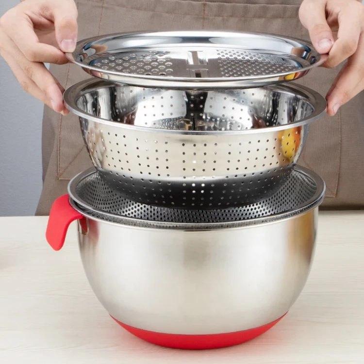 Wholesale 4 in 1 Grater Oil Mesh Strainer Sets Stainless Steel Serving Bowls Silicone Bottom Mixing Bowl Colander Set