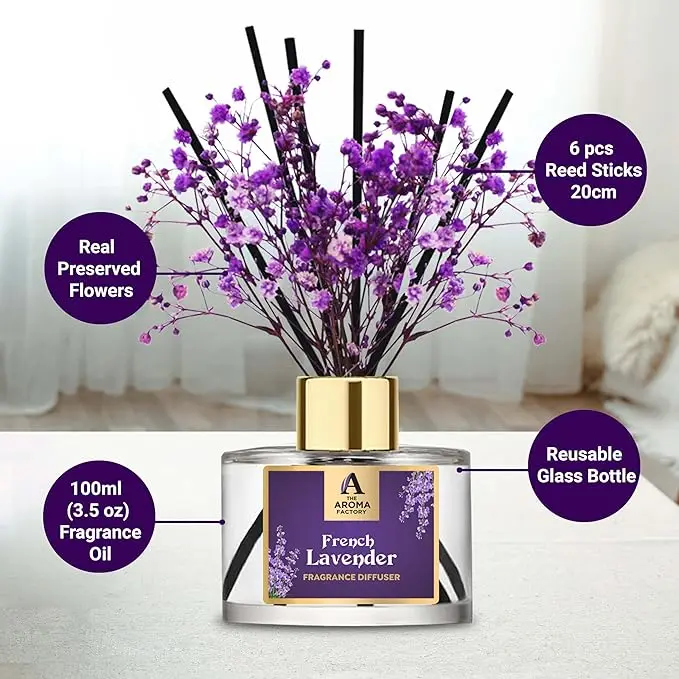 Diffuser Set with Essential Oil, Aroma Sticks & Preserved Flowers | Luxury Home Decor Scent French Lavender, 60Ml With Gift Box