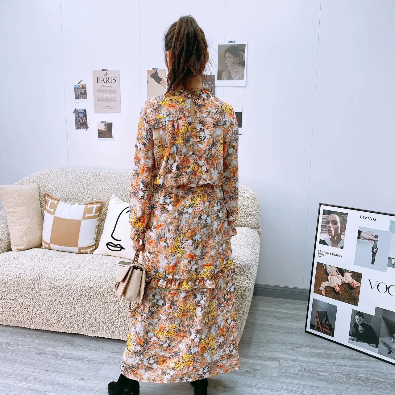 Women autumn and winter ruffle collar  long sleeve dress chiffon flower print woven waistseam slim fit casual long dress lady