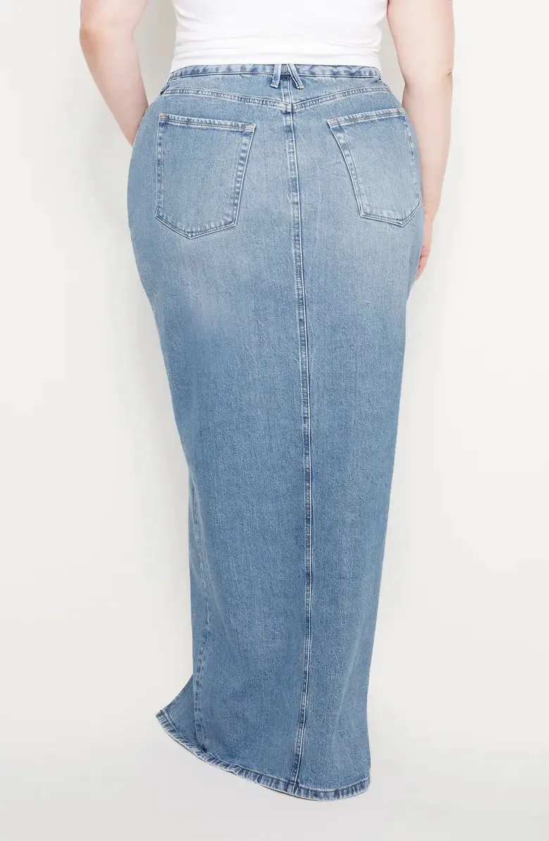 Hot Sale Custom Design Women Button Up Long Length Summer Washed 100% Cotton Fabric Jean Denim Skirt