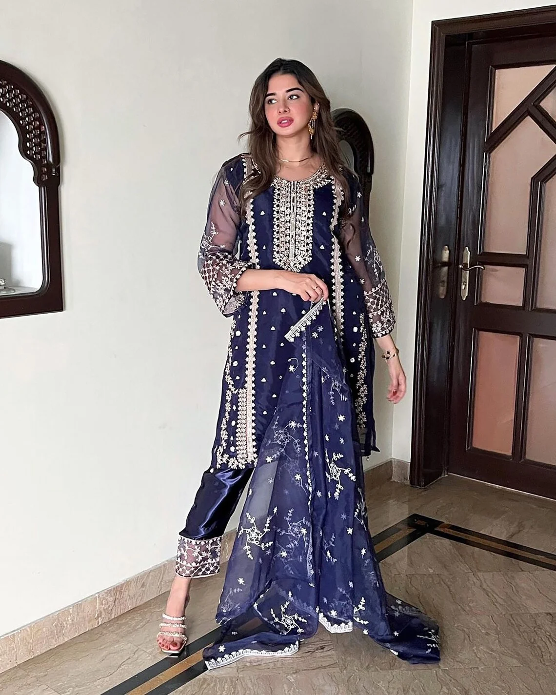 Salwar Kameez Readymade Party Wear, Pure Organza Straight Kurta With Pant & Duaptta, 3 Pc Customizable Pakistani Straight Kurta