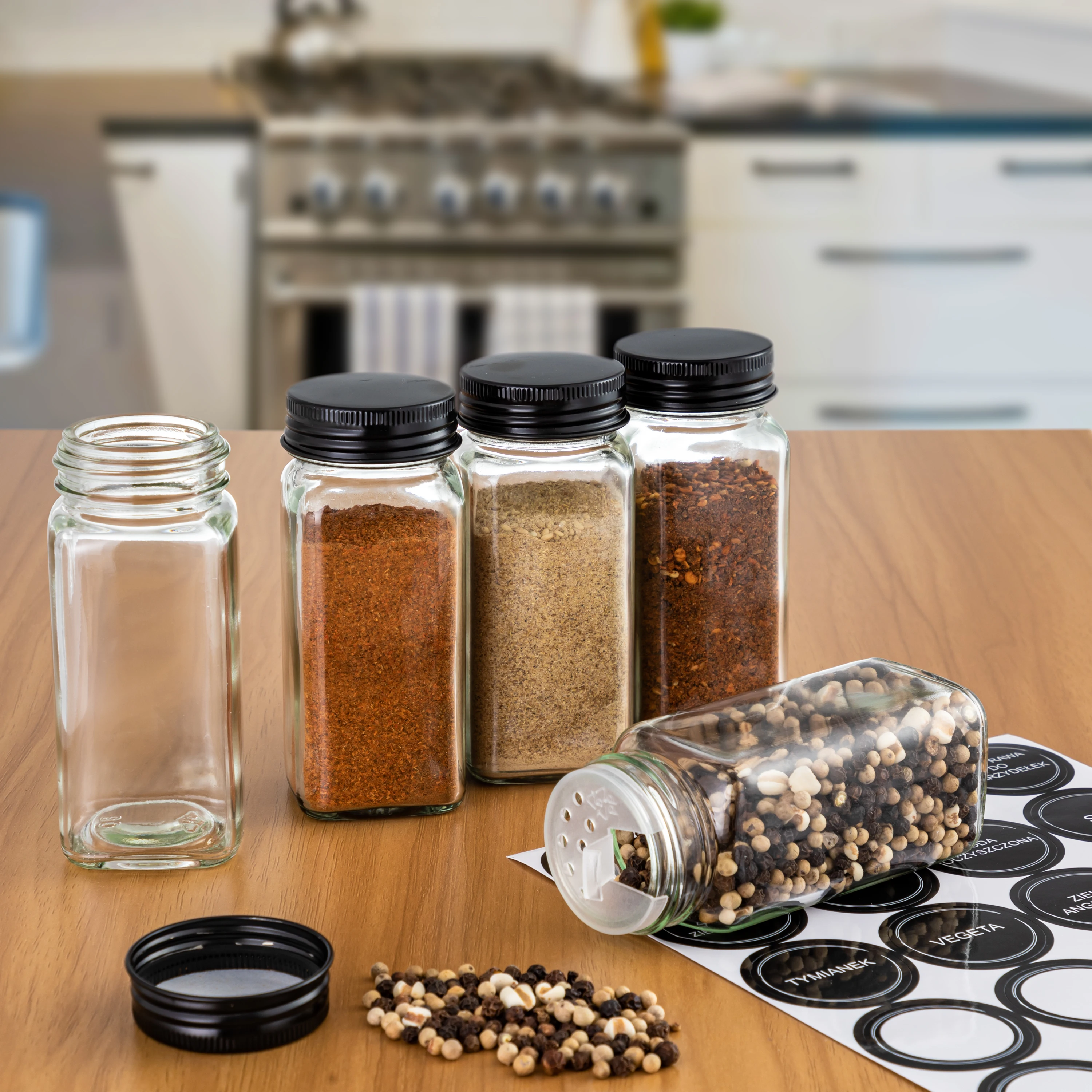 4oz Square Glass Spice Bottle Pepper Shakers seasoning bottle with Spice Labels black lids Spice Jar set