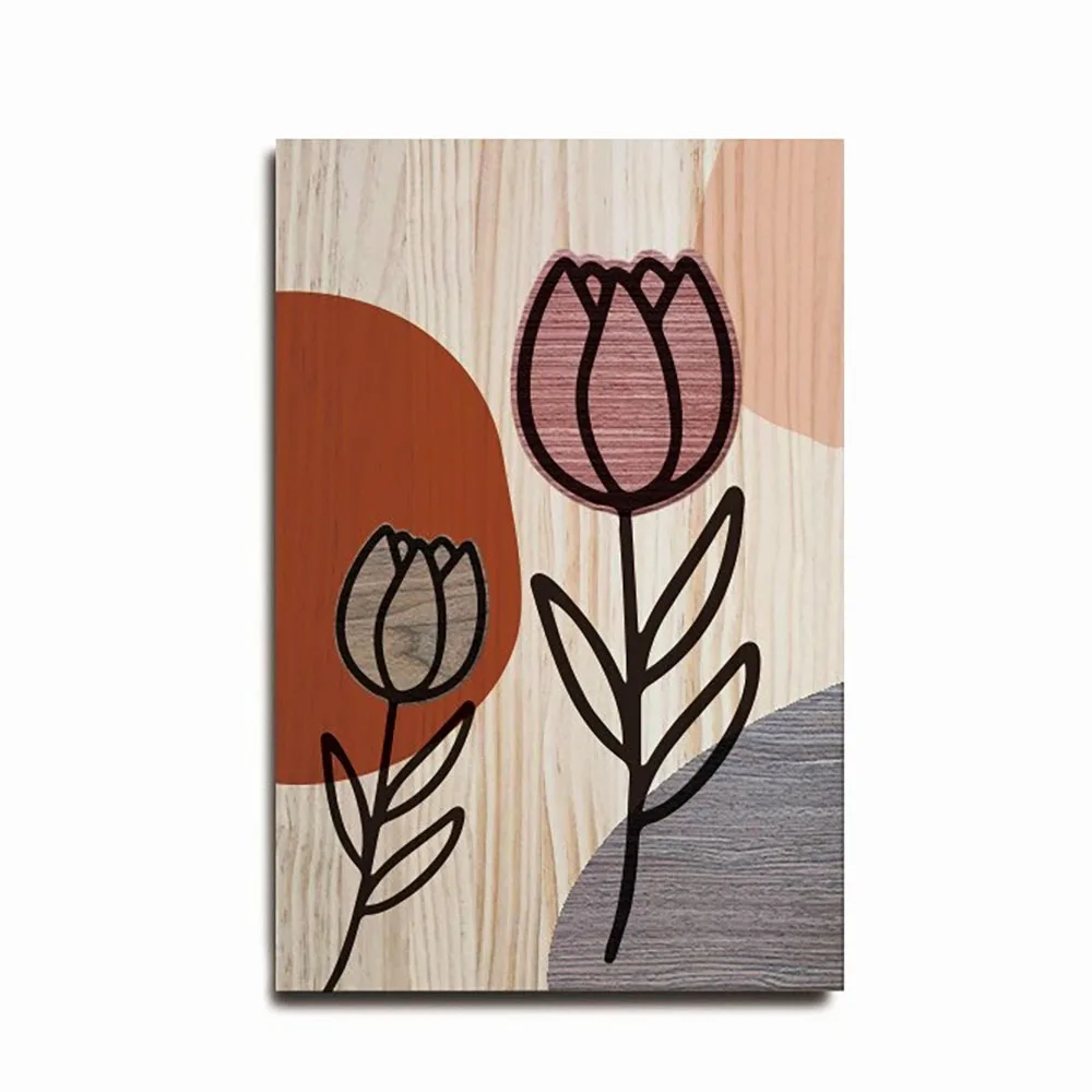 wall hanging painting tulips geometric line round wood for wall decor