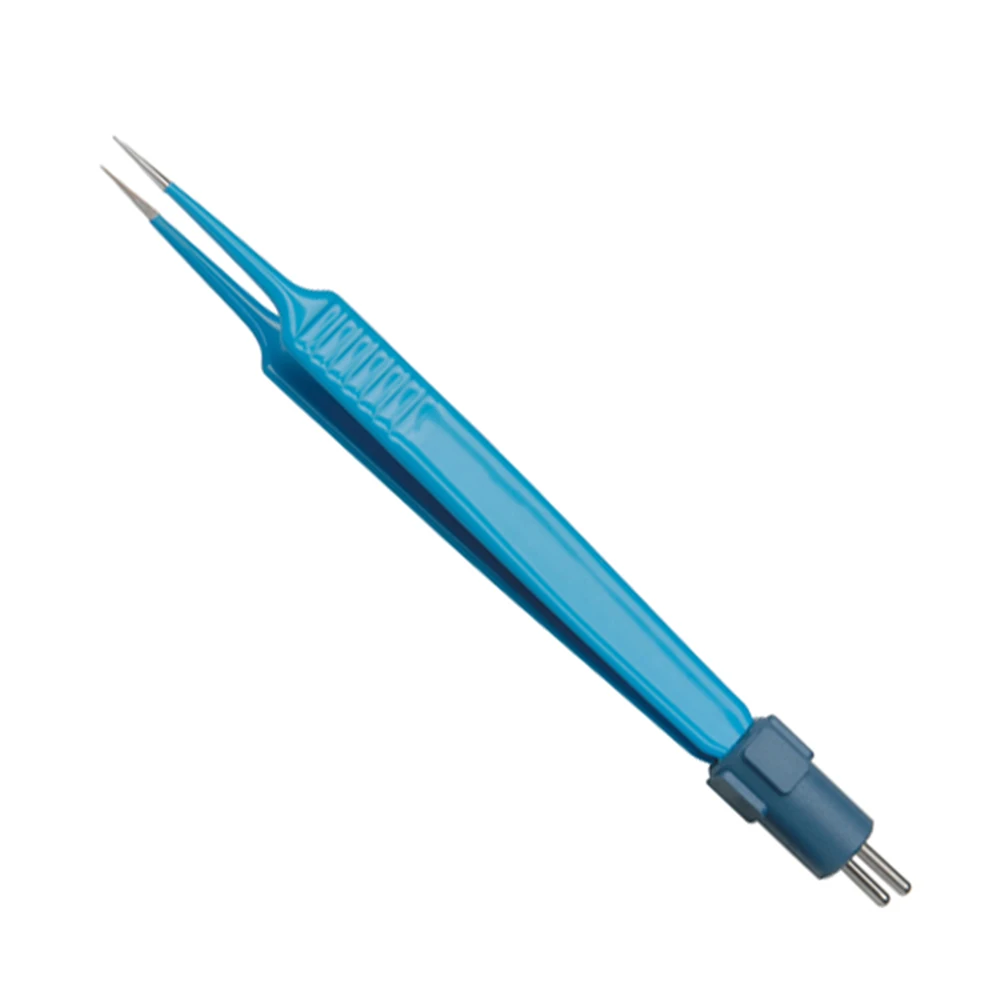 Sharp Point Surgical Bipolar Coagulating Tweezers Blue Color Coated Bipolar Bayonet Forceps Electro Surgical Tweezers
