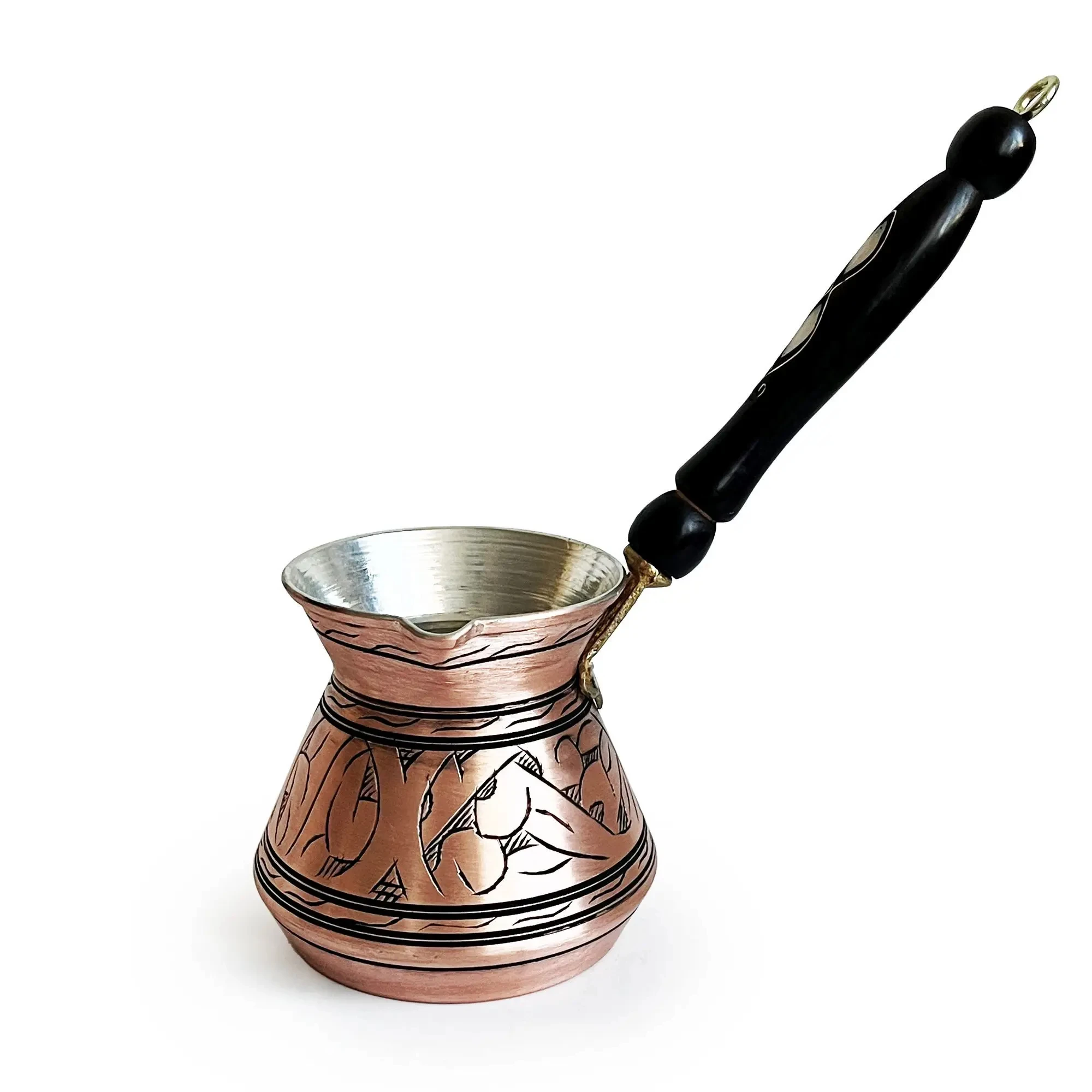 Anatolian Handmade Engraved Copper Coffee Pot 500ml Metal Cups Brushed Copper