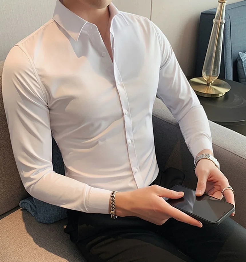 Mens Long Sleeves Shirts top trending silk made smooth Business Work Formal Dress Shirts 100% Cotton Men Custom dress shirt